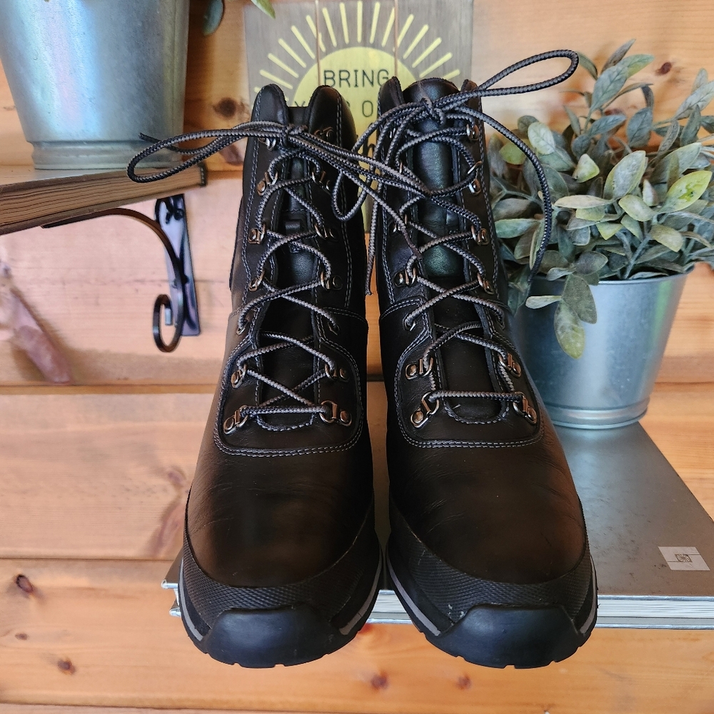 TIMBERLAND 89395 Black Leather Wedge Heel Lace Up Ankle Boots Moto Shoe Sz 8.5 M - Picture 6 of 11